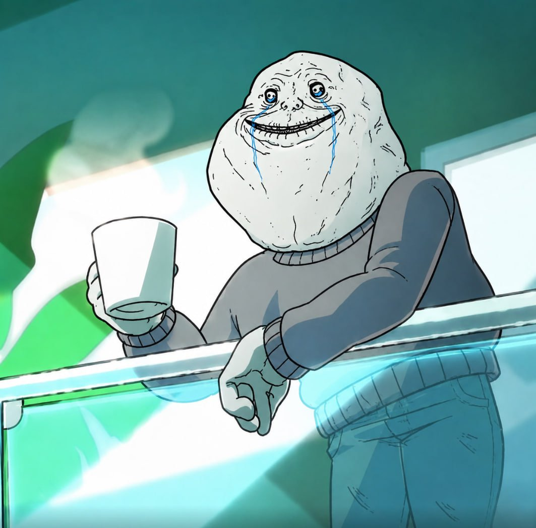 Forever Alone waiting by himself with a cup