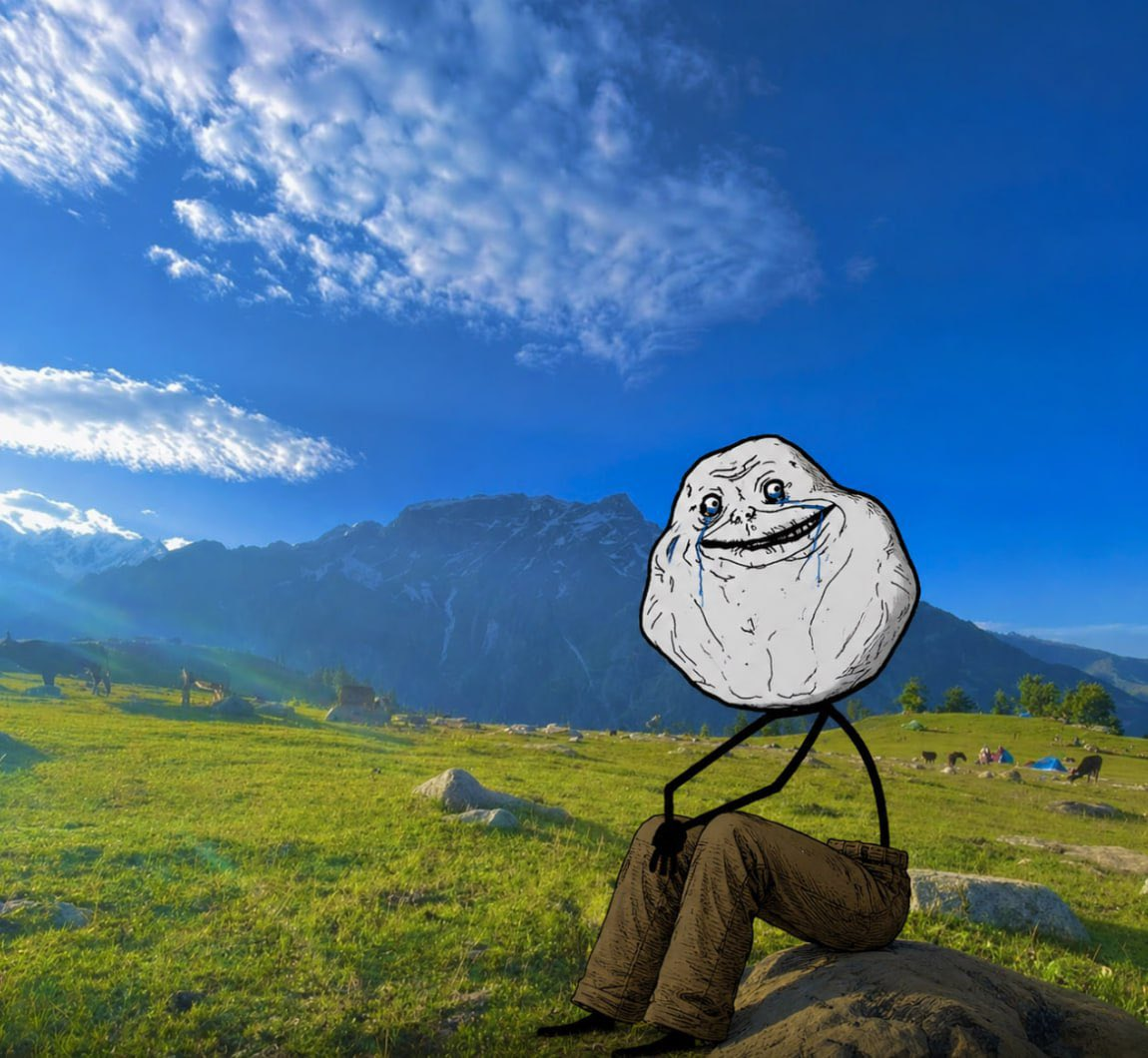 Forever Alone sitting peacefully in a wide mountain landscape